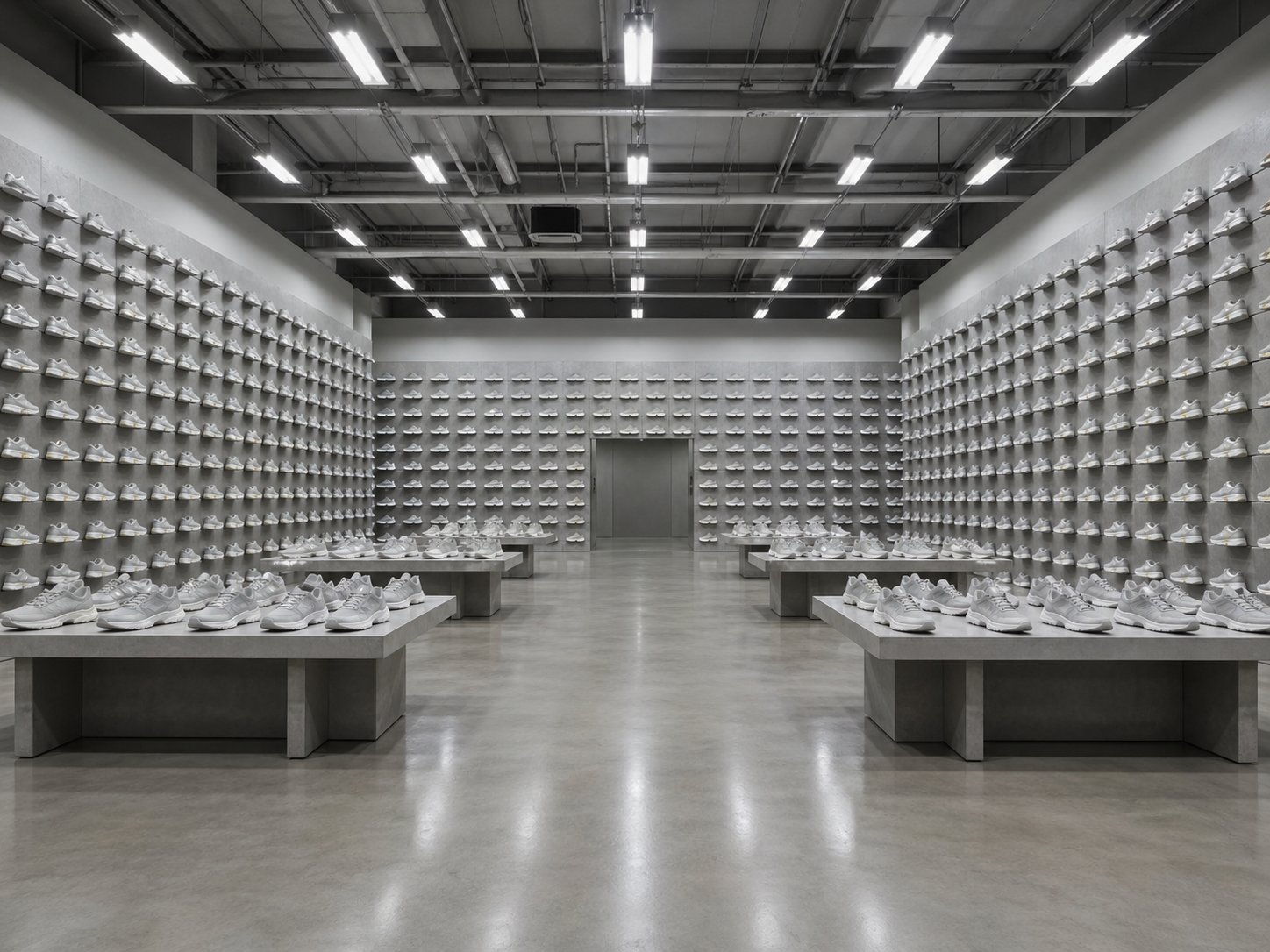 Generic athletic store interior with walls of identical flat sneakers