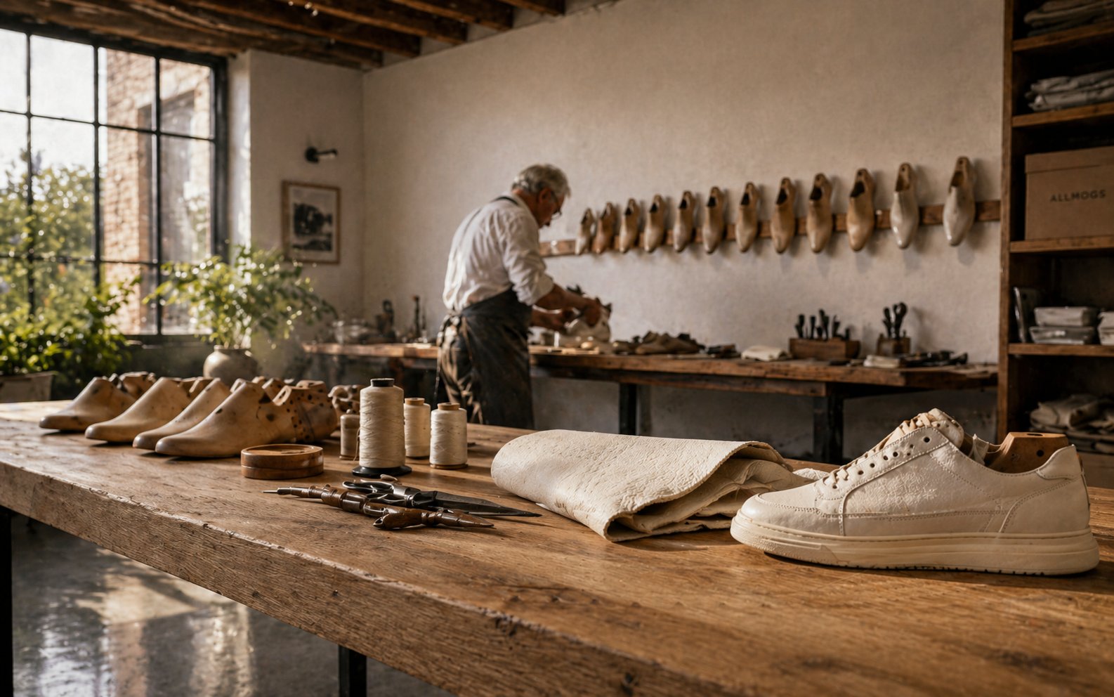 Allmogs atelier — wooden workbench, lasts on the wall, craftsman lasting a shoe